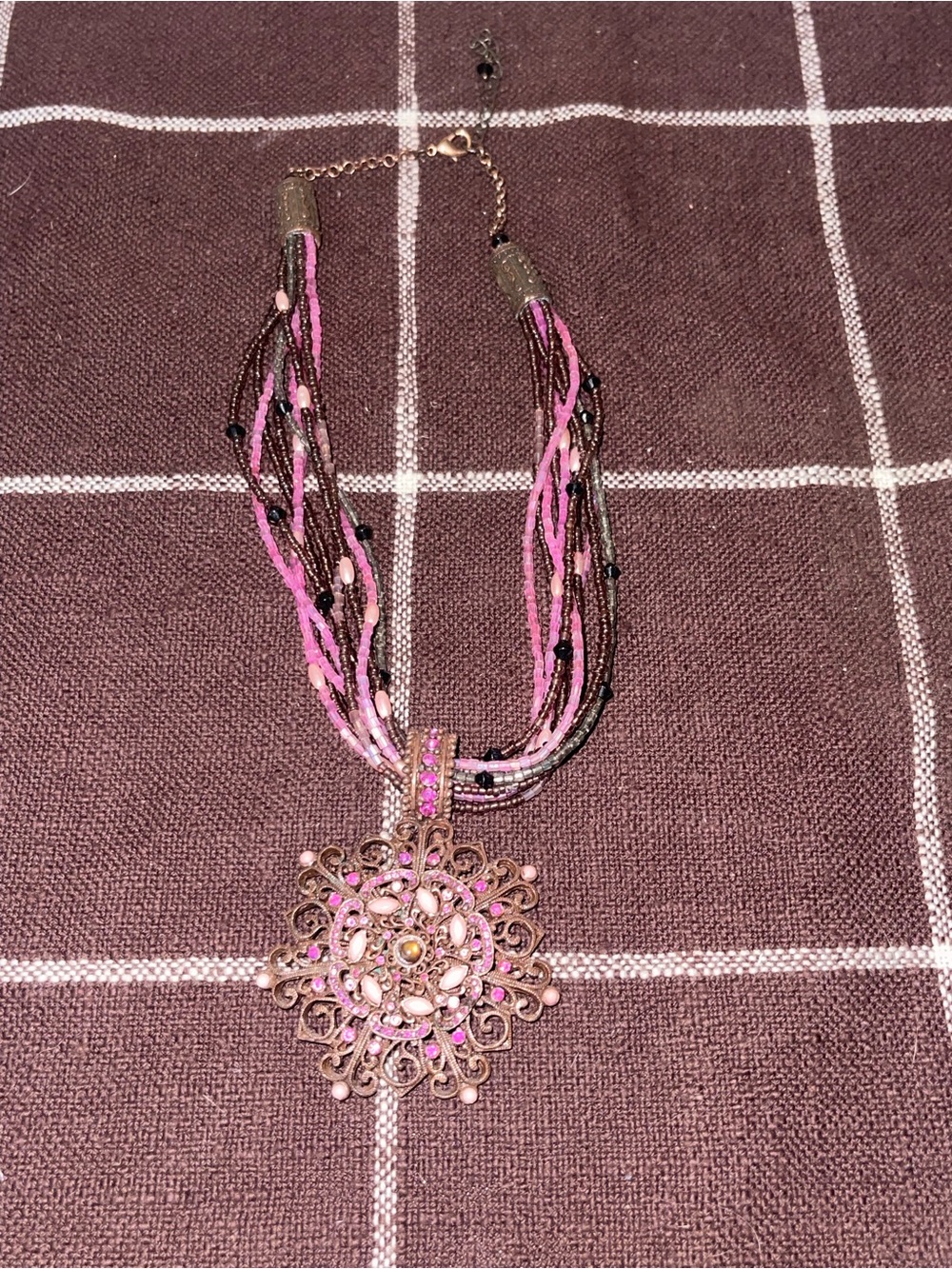 Pink Rhinestone Filigree Pendant Necklace – Vintage Boho Style